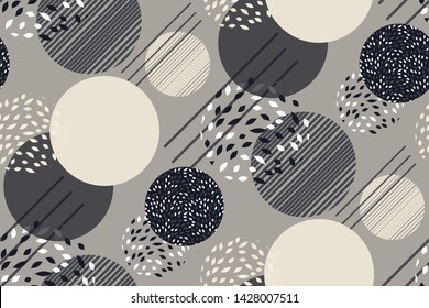 Abstract geometric seamless pattern with circles. Print in black and white (monochrome) colors. Modern art design for cover, Wallpaper, fabric, interior... Trendy hand drawn graphic textures. Vector.