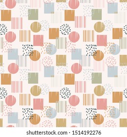 Abstract geometric seamless pattern with circles and squares. Colorful abstract geometric design. Scandinavian style, vector