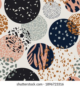 Abstract geometric seamless pattern. Circles background filled with hand drawn animal print textures. Geo art illustration with for minimalist print, textile, fabric, boho home decor, wallpaper design