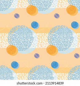 Abstract geometric seamless pattern. Circles, stripes, dots. Orange, blue and white colors