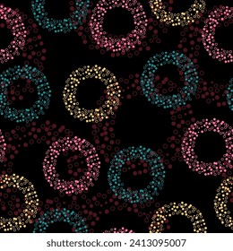 Abstract geometric seamless pattern with circles and gold glitter elements.  Crayons pastel. Children, kids sketch drawing. 