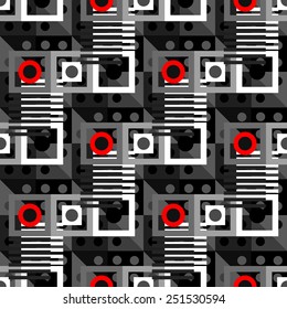 Abstract geometric seamless pattern. Circles, squares, stripes, lines. Repeating background texture. Cloth design. Wallpaper, wrapping