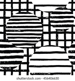 Abstract geometric seamless pattern with circles, strips and plaid. Trendy hand drawn textures. Modern abstract design for poster, cover, fabric and other users