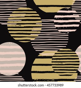 Abstract geometric seamless pattern with circles and strips. Trendy hand drawn textures. Modern abstract design for poster, cover, fabric and other users