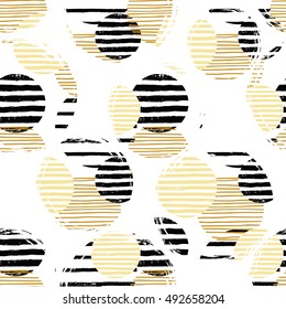 Abstract geometric seamless pattern with circles and strips. Trendy hand drawn textures. Modern abstract design for poster, cover, fabric and other users