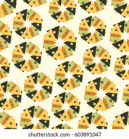 Abstract geometric seamless pattern with circles and triangles on light background. Funny bright texture for congrats wrap, postcard, fabric. Yellow and green colors.