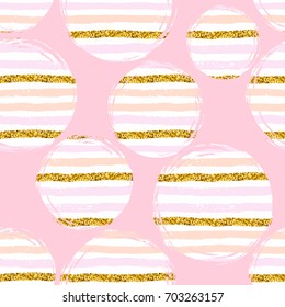 Abstract geometric seamless pattern with circles and gold glitter elements. Modern abstract design for paper, cover, fabric, interior decor and other users. Ideal for baby girl design.