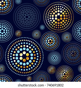 Abstract geometric seamless pattern with circles and gold glitter elements blue background. Trendy textures. Modern abstract design for paper, cover, fabric, interior decor and other users. art