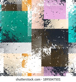 Resumen del patrón geométrico sin soldadura con cuadrados de color y manchas de grifo. Texturas de moda. Diseño abstracto moderno para afiches, cubiertas, tejidos y otros usuarios