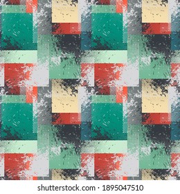 Resumen del patrón geométrico sin soldadura con cuadrados de color y manchas de grifo. Texturas de moda. Diseño abstracto moderno para afiches, cubiertas, tejidos y otros usuarios