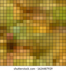 Abstract geometric seamless pattern of colored squares, mosaic, olive, yellow green, yellow gold, ocher. Great for decorating fabrics, textiles, gift wrapping, printed materials, advertising.