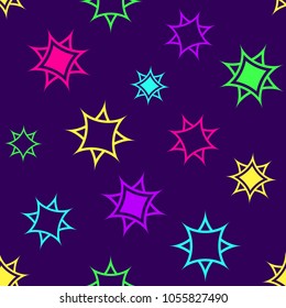 Abstract geometric seamless pattern, colorful stars on dark purple background. Vector illustration