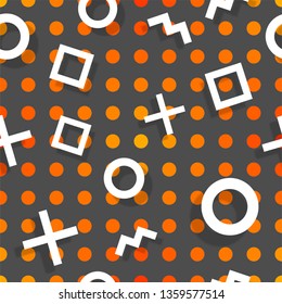 Abstract geometric seamless pattern with colorful dotted background and memphis style elements. Vector trendy design grey orange
