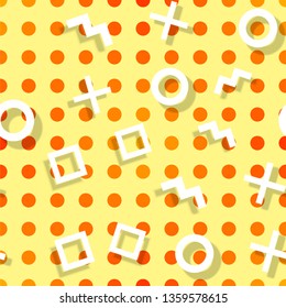 Abstract geometric seamless pattern with colorful dotted background and memphis style elements. Vector trendy design yellow