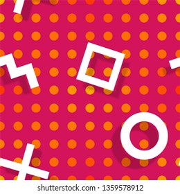 Abstract geometric seamless pattern with colorful dotted background and memphis style elements. Vector trendy design red