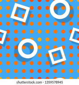 Abstract geometric seamless pattern with colorful dotted background and memphis style elements. Vector trendy design blue orange