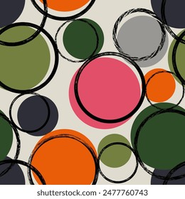 Abstract geometric seamless pattern with colorful textured circles. Repeat geometry brush strokes texture. Great for textile, fabric, wallpaper, wrapping, scrapbook and packaging	