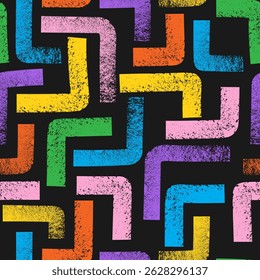 motif géométrique Abstrait harmonieux avec des lignes texturées colorées sur fond noir. Texture des traits de brosse de géométrie répétée. Idéal pour le textile, le tissu, le fond d'écran, l'emballage, le scrapbook et le packaging