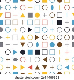 Abstract geometric seamless pattern with colorful shapes circles, squares, triangles, lines, pluses, minuses. Modern, minimal, decorative design.