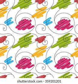 Abstract geometric seamless pattern with colorful spirals, lines, tapes, points, spots. Vector endless pattern for creating card, web page background, wallpaper and textile.
