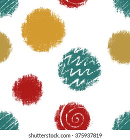 Abstract geometric seamless pattern with colorful spots, spirals, triangles, circles, strips. Vector endless pattern. Hand drawn vector illustration.