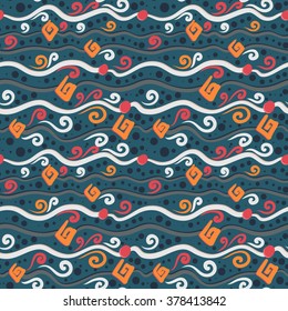 Abstract geometric seamless pattern with colorful rectangles, spirals, triangles, circles, strips. Vector endless pattern for creating card, web page background, wallpaper and textile.