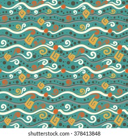 Abstract geometric seamless pattern with colorful rectangles, spirals, triangles, circles, strips. Vector endless pattern for creating card, web page background, wallpaper and textile.