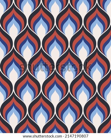 Abstract geometric seamless pattern. Colorful ogee wallpaper vector print. Multicolor asian style fishcsale ornament. Simple shaped small scale fashion textile design