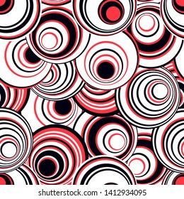 abstract geometric seamless pattern with concentric circles in black white red