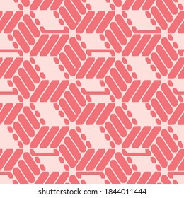 Abstract geometric seamless pattern. Coral pink, ivory vector background. Simple ornament with rhombuses, diamond shapes, mesh, grid. Elegant  graphic texture. Repeat design for decor, fabric