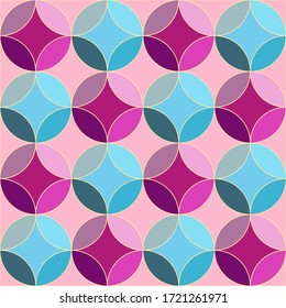 Patrón geométrico abstracto y transparente de círculos cruzados, en tonos azul frío, rosa y púrpura