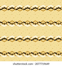Abstract geometric seamless pattern. Crossing zigzag horizontal lines on gold dotted background. Ar deco ornament. Gold, black and white colors