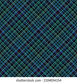 Abstract geometric seamless pattern. Crossing diagonal threads of blue and touquoise color on black background. Textile grid backdrop