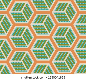 Abstract geometric seamless pattern with cubes, honeycombs, rhombuses, lines. Vector illustration.  