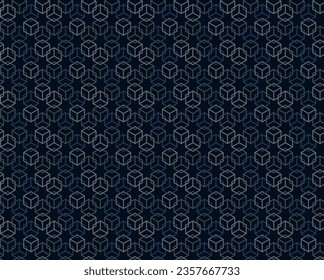 Abstract geometric seamless pattern with cubic outline  in gray n blue on dark blue background. Vector illustration. For masculine male shirt lady dress textile wrapping cloth wallpaper all over print