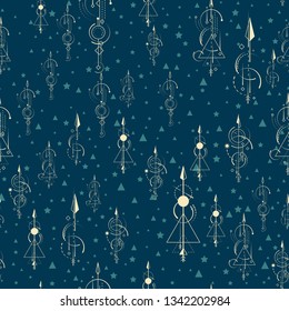 Abstract geometric seamless pattern. curly arrows are randomly scattered on the background. Space, stars