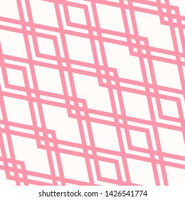 Abstract geometric seamless pattern. Cute white and pink vector background. Simple ornament with diamond grid, rhombuses, diagonal lines, lattice. Elegant texture. Delicate repeated decorative design
