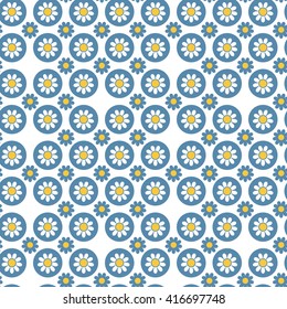 abstract geometric seamless pattern of daisies in circles on a white background.