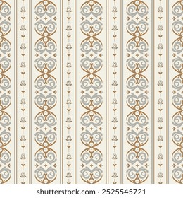 Abstrato padrão geométrico sem costura com elementos de damasco. Listras verticais. Fundo bege em vintage e estilo retro. Imprimir para design de interiores, papel de parede e tecido
