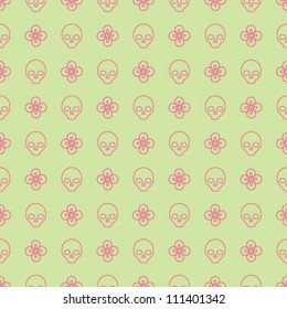 Abstract geometric seamless  pattern with decorative skulls and flowers