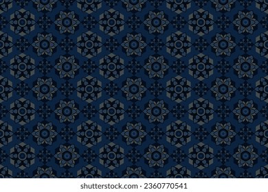 Abstract geometric seamless pattern with decorative Thai floral design in blue gray on indigo blue background.Vector illustration.For masculine shirt lady dress textile cover wallpaper all over print