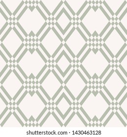 Abstract geometric seamless pattern. Delicate white and green vector background. Simple ornament with diamond grid, rhombuses, lines, mesh, lattice. Elegant texture. Repeat design for decor, wallpaper