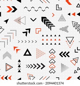 Abstract geometric seamless pattern. Design arrow for youth prints. Graphic shapes arrows. Repeated geometry background. Repeating element geo patern. Modern stylish texture. Vector illustration