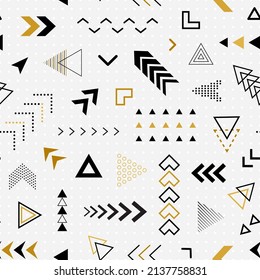 Abstract geometric seamless pattern. Design gold arrow for youthful prints. Graphic school shapes. Repeated geometry background. Repeating element geo patern. Modern shape texture. Vector illustration