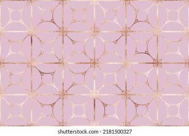 Abstract geometric seamless pattern design with rose gold decorative square tiles.