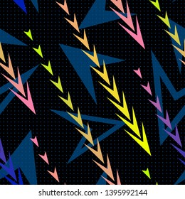 Abstract geometric seamless pattern with diagonal gradient lines, arrows, triangles, tracks. Extreme sport style texture, urban art background. Vibrant colors, blue, pink, yellow. Trendy repeat design