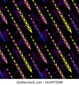 Abstract geometric seamless pattern with diagonal gradient lines, arrows, triangles, tracks. Sport style texture, urban art background. Vibrant colors, blue, purple, pink, yellow. Trendy repeat design