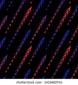 Abstract geometric seamless pattern with diagonal gradient lines, arrows, triangles, fading shapes, tracks, halftone stripes. Extreme sport style texture, urban art background. Neon red and blue color