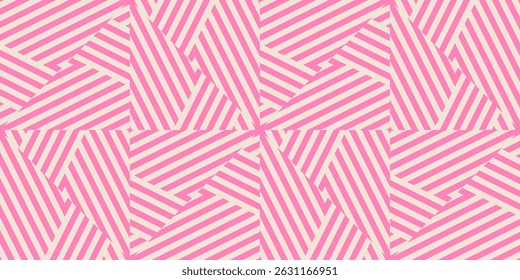 Abstract geometric seamless pattern with diagonal stripes, quirky lines. Creative pink and beige background. Optical art texture. Retro fashion background, repeat tiles. Cute design for decor, print