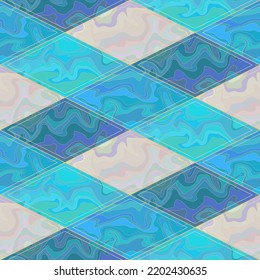 Abstract geometric seamless pattern. Diamond tiles of beige and blue, with wavy fluid, liquid texture